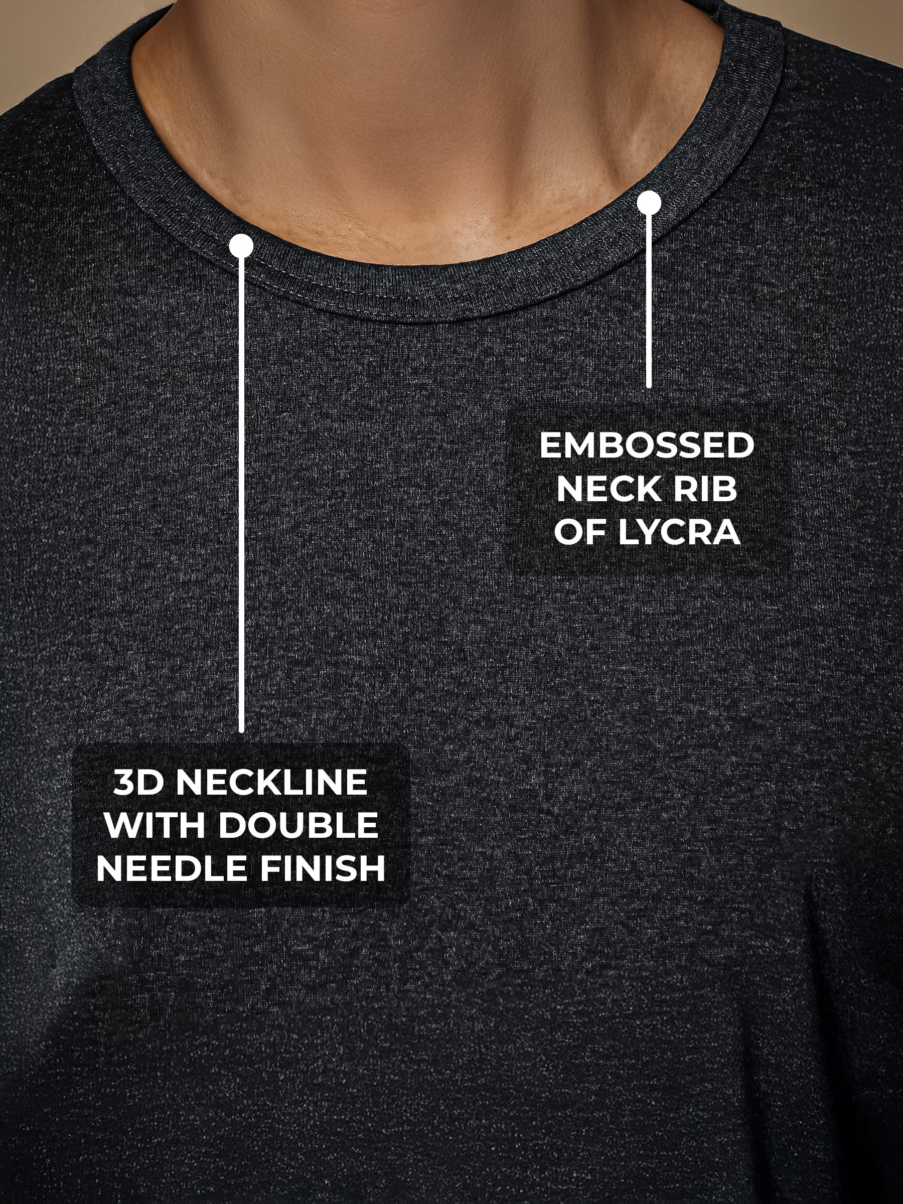 Women's Charcoal Grey Round Neck T-shirt having 3D Neckline with Double Needle Finish & Embossed Lycra Rib, for a premium look.