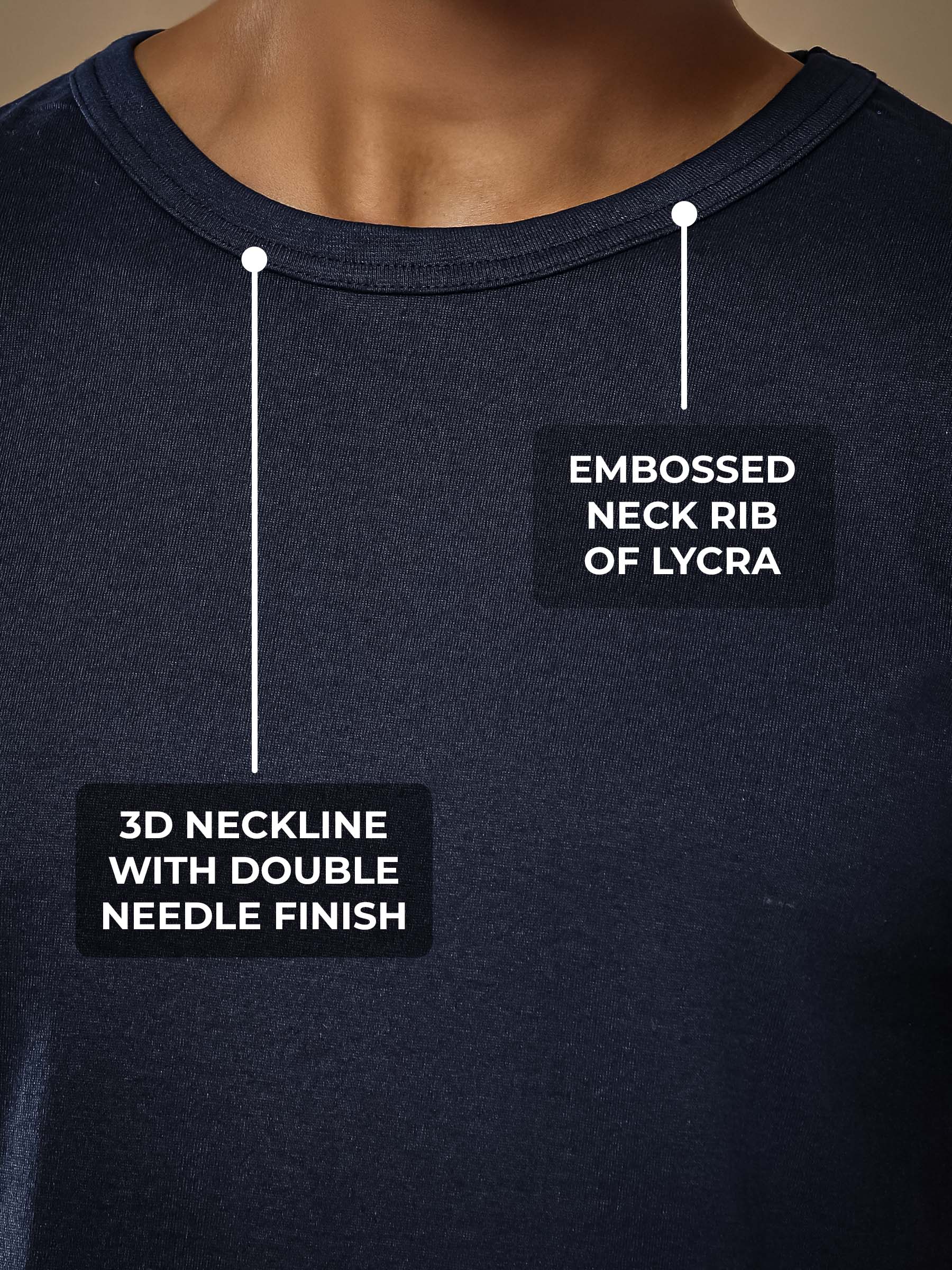 Men's Navy Blue Round Neck T-shirt having 3D Neckline with Double Needle Finish & Embossed Lycra Rib, for a premium look.
