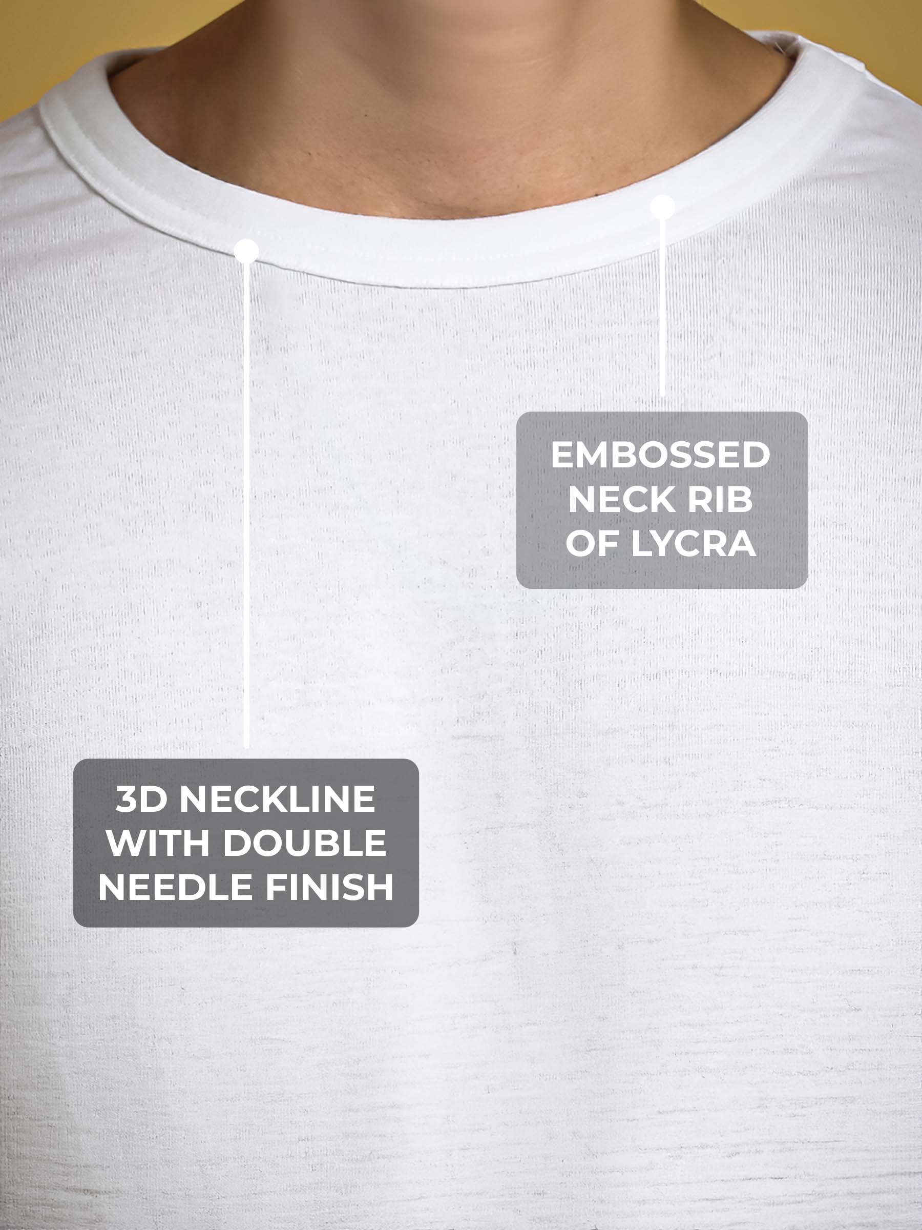 Men's White Round Neck T-shirt having 3D Neckline with Double Needle Finish & Embossed Lycra Rib, for a premium look.