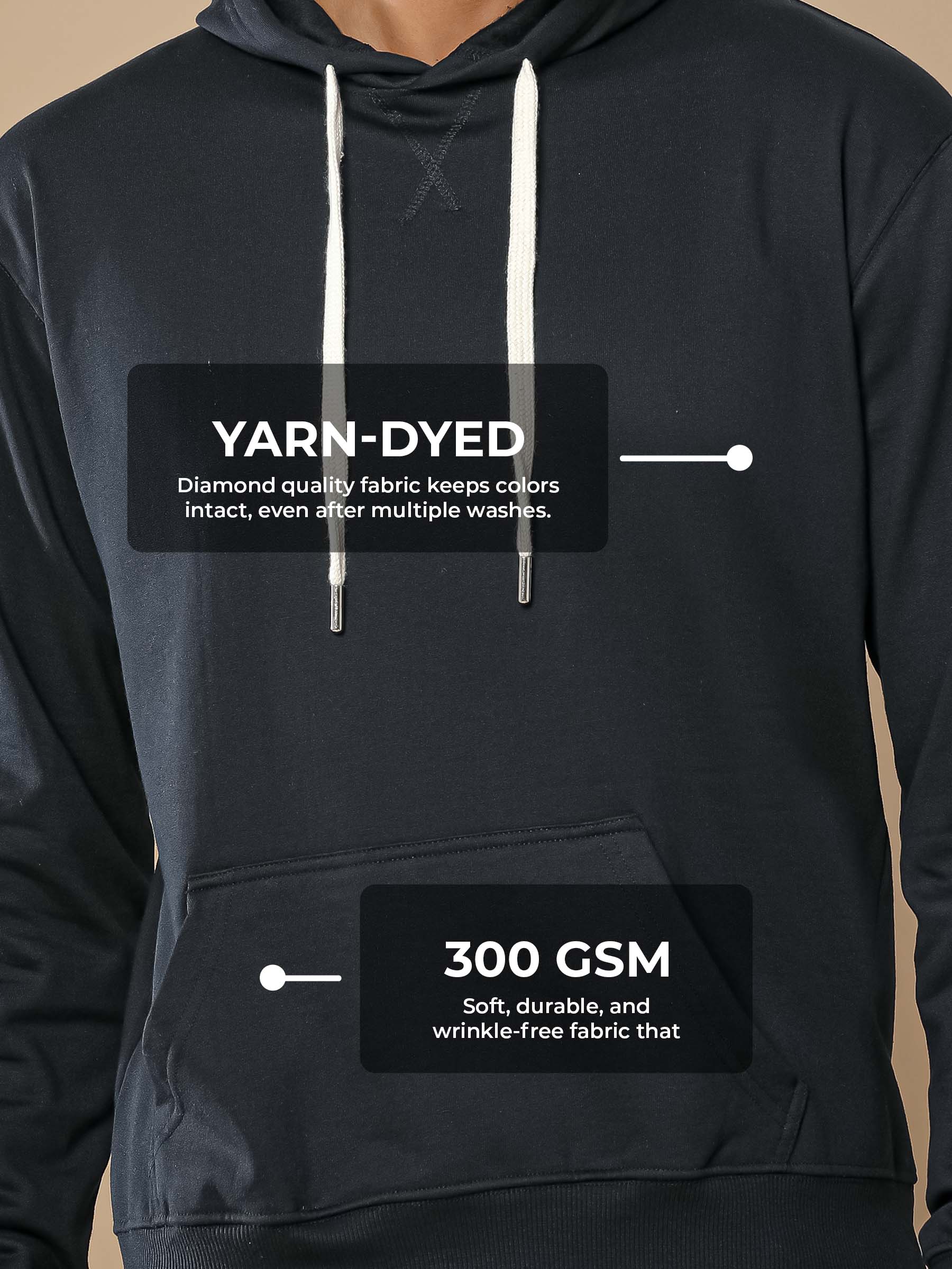 Men's Black Hoodie Sweatshirt made of 300 GSM strong, wrinkle-resistant fabric that doesn't lose color or shape.