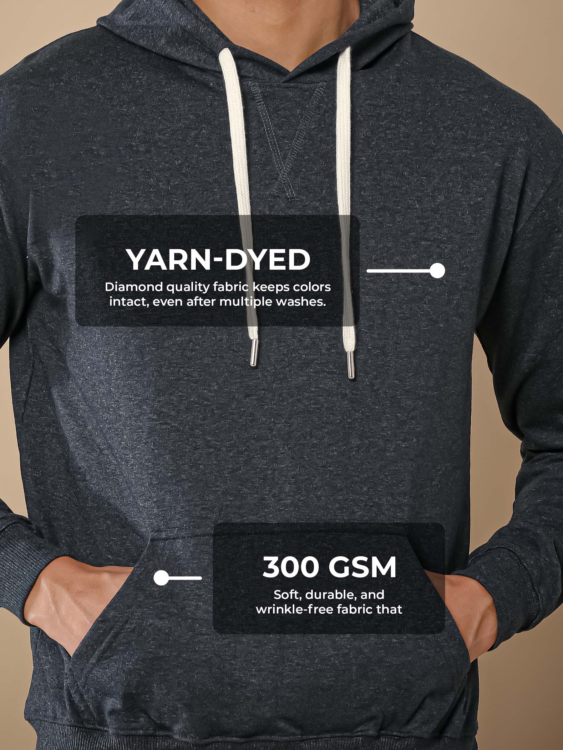 Men's Charcoal Grey Hoodie Sweatshirt made of 300 GSM strong, wrinkle-resistant fabric that doesn't lose color or shape.