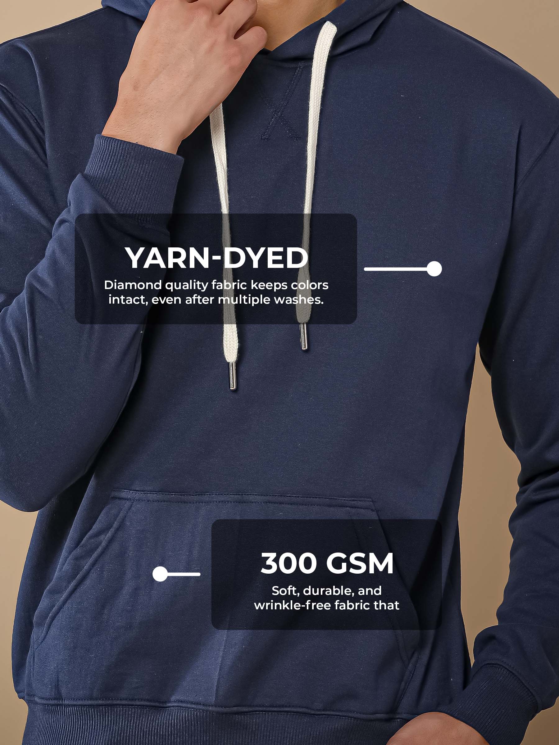 Women's Navy Blue Hoodie Sweatshirt made of 300 GSM strong, wrinkle-resistant fabric that doesn't lose color or shape.
