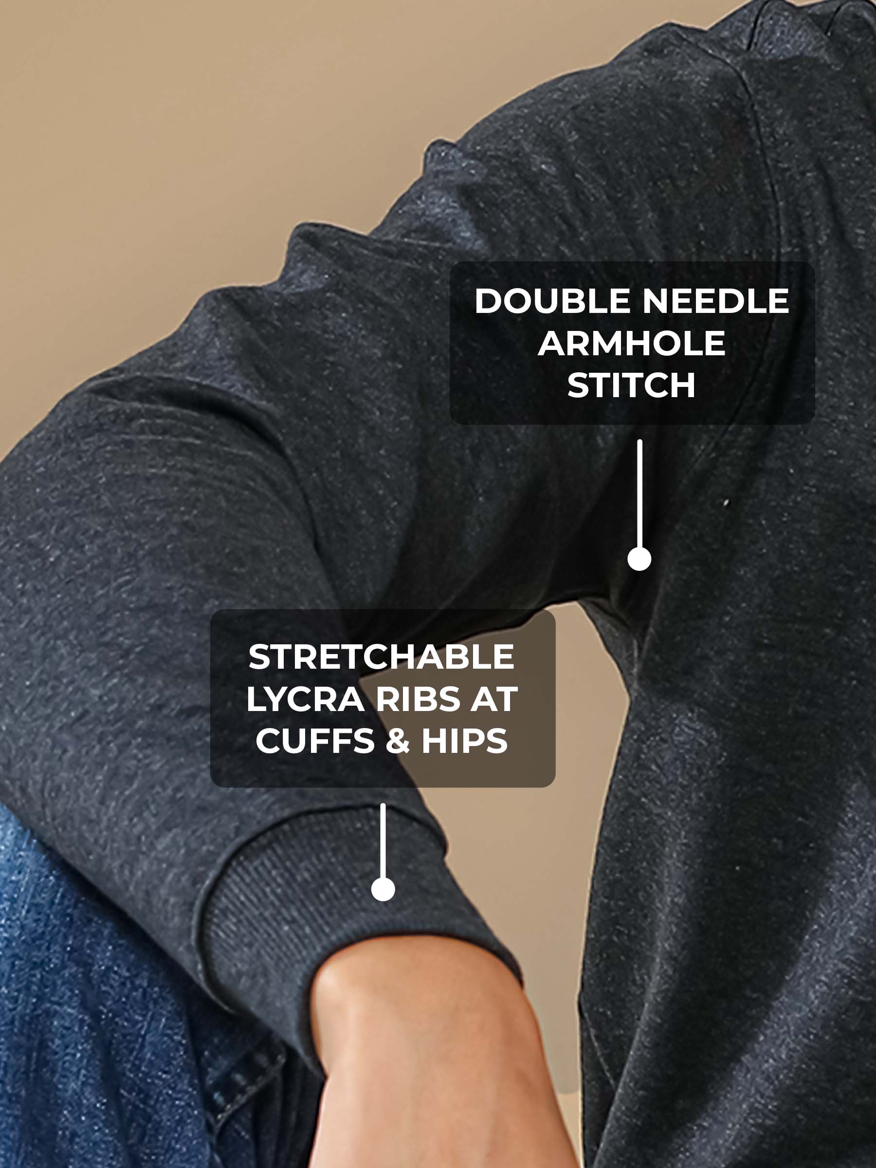 Men's Charcoal Grey Hoodie with Double Needle Armhole Stitch, and Stretchable Lycra Ribs for a premium look.