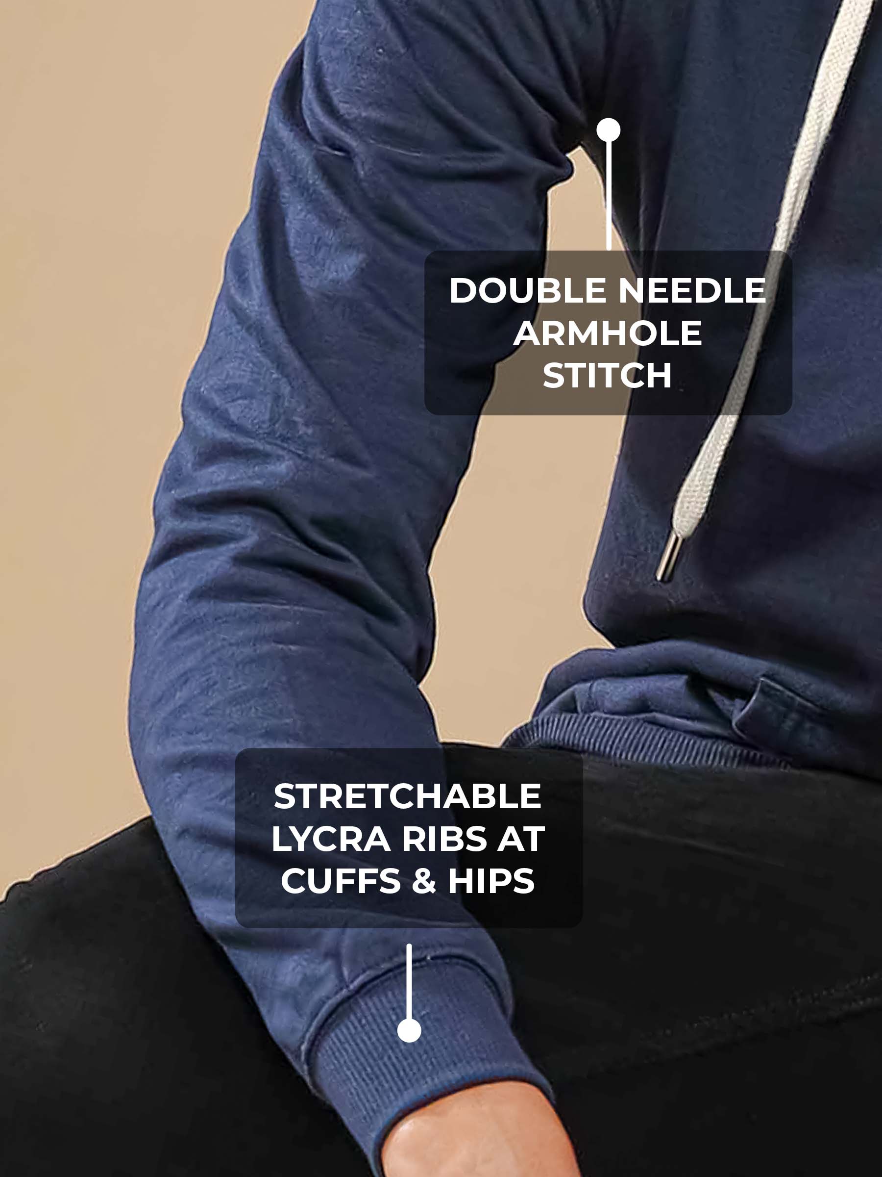 Women's Navy Blue Hoodie with Double Needle Armhole Stitch, and Stretchable Lycra Ribs for a premium look.