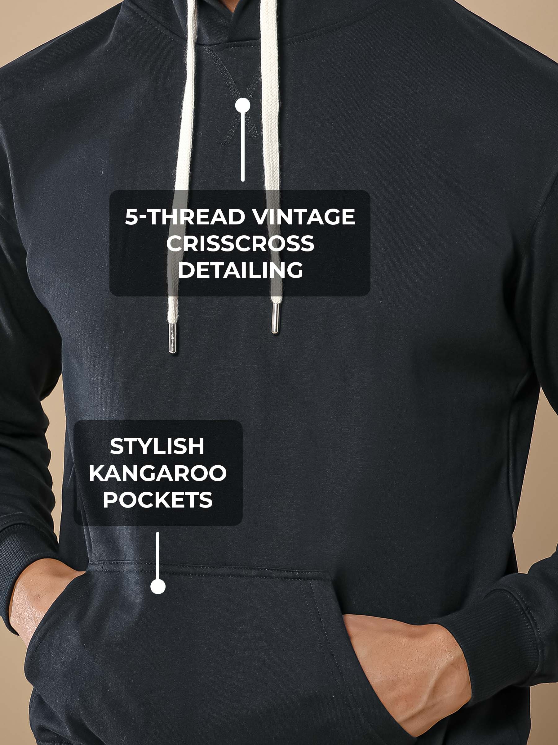 Women's Black Hoodie with 5-Thread Vintage CrissCross Detailing, and Stylish Kangaroo Pockets for a premium look.