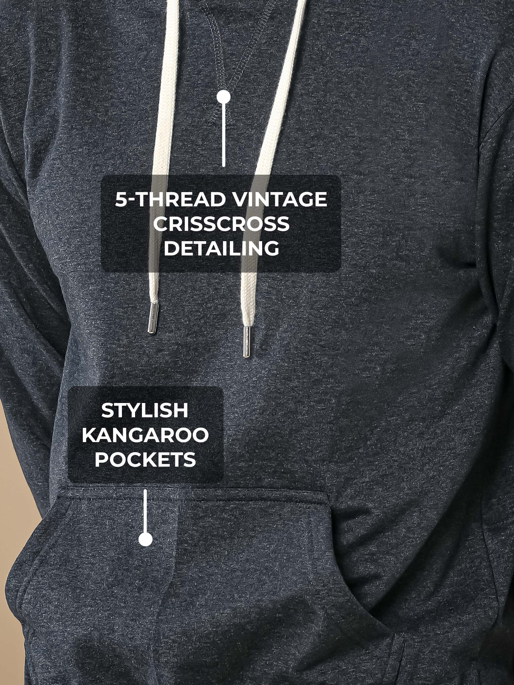 Men's Charcoal Grey Hoodie with 5-Thread Vintage CrissCross Detailing, and Stylish Kangaroo Pockets for a premium look.