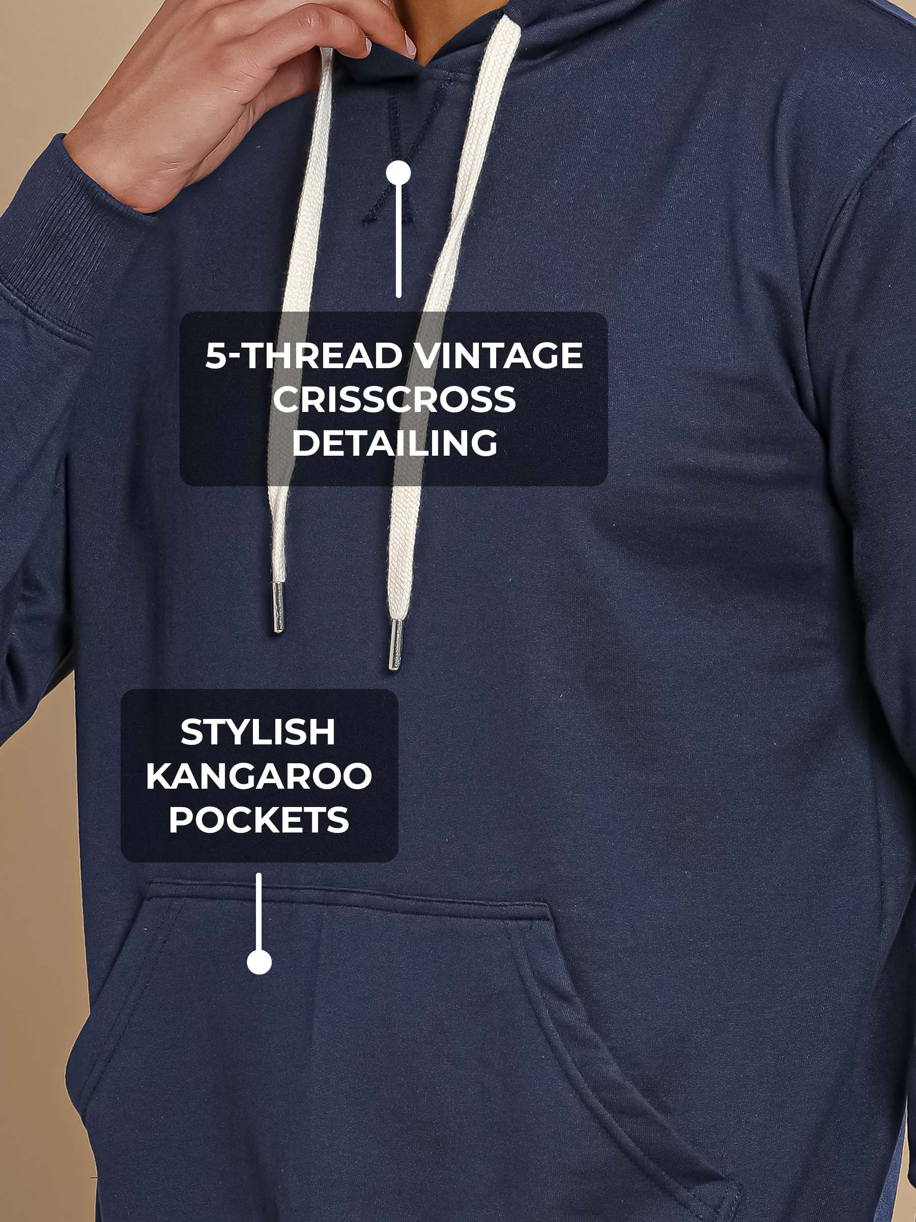 Women's Navy Blue Hoodie with 5-Thread Vintage CrissCross Detailing, and Stylish Kangaroo Pockets for a premium look.