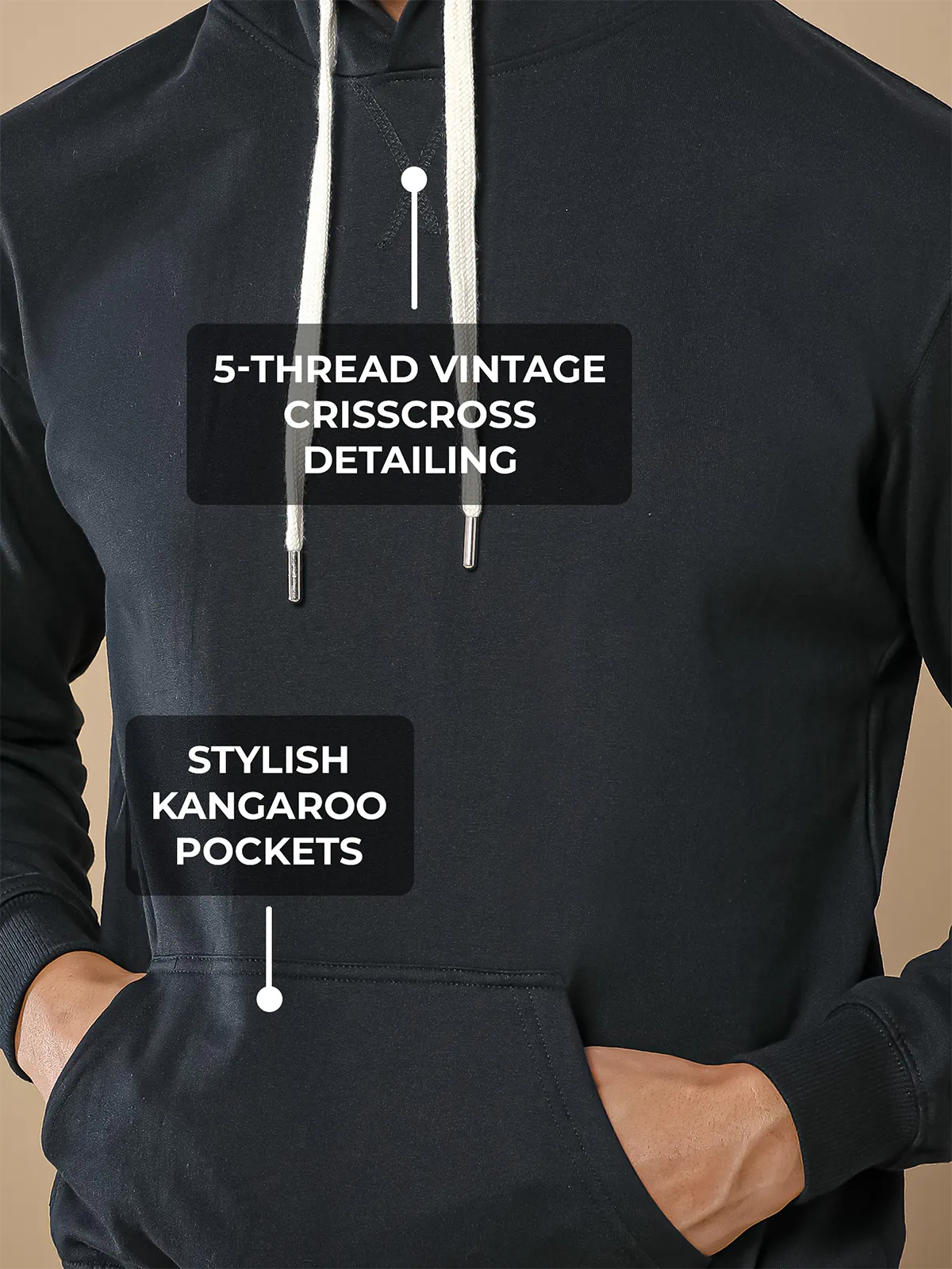 Women's Black Hoodie with 5-Thread Vintage CrissCross Detailing, and Stylish Kangaroo Pockets for a premium look.