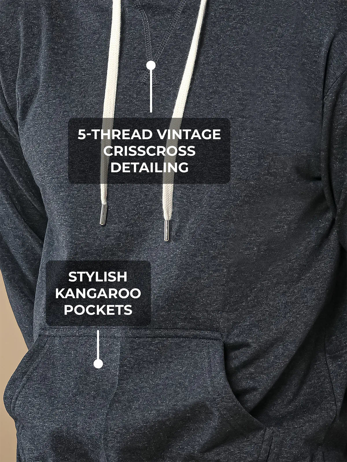 Women's Dark Grey Hoodie with 5-Thread Vintage CrissCross Detailing, and Stylish Kangaroo Pockets for a premium look.