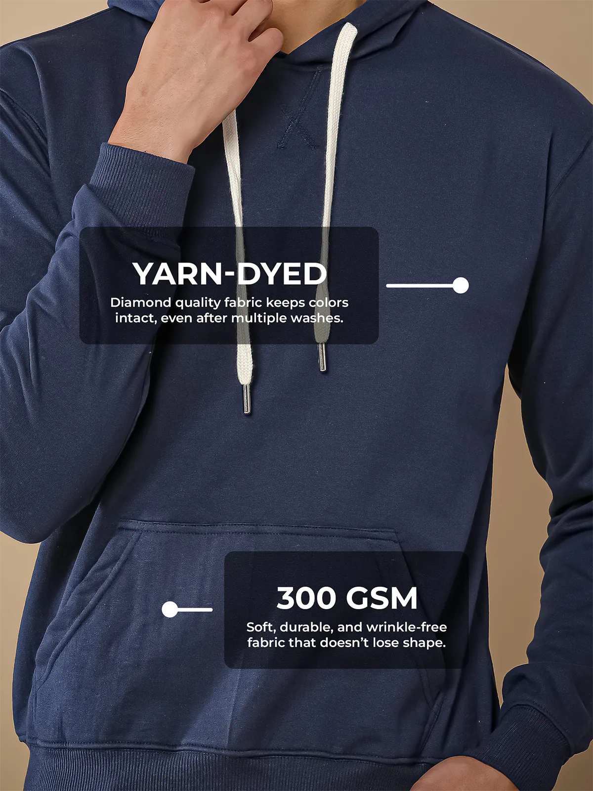 Men's Navy Blue Hoodie Sweatshirt made of 300 GSM strong, wrinkle-resistant fabric that doesn't lose color or shape.