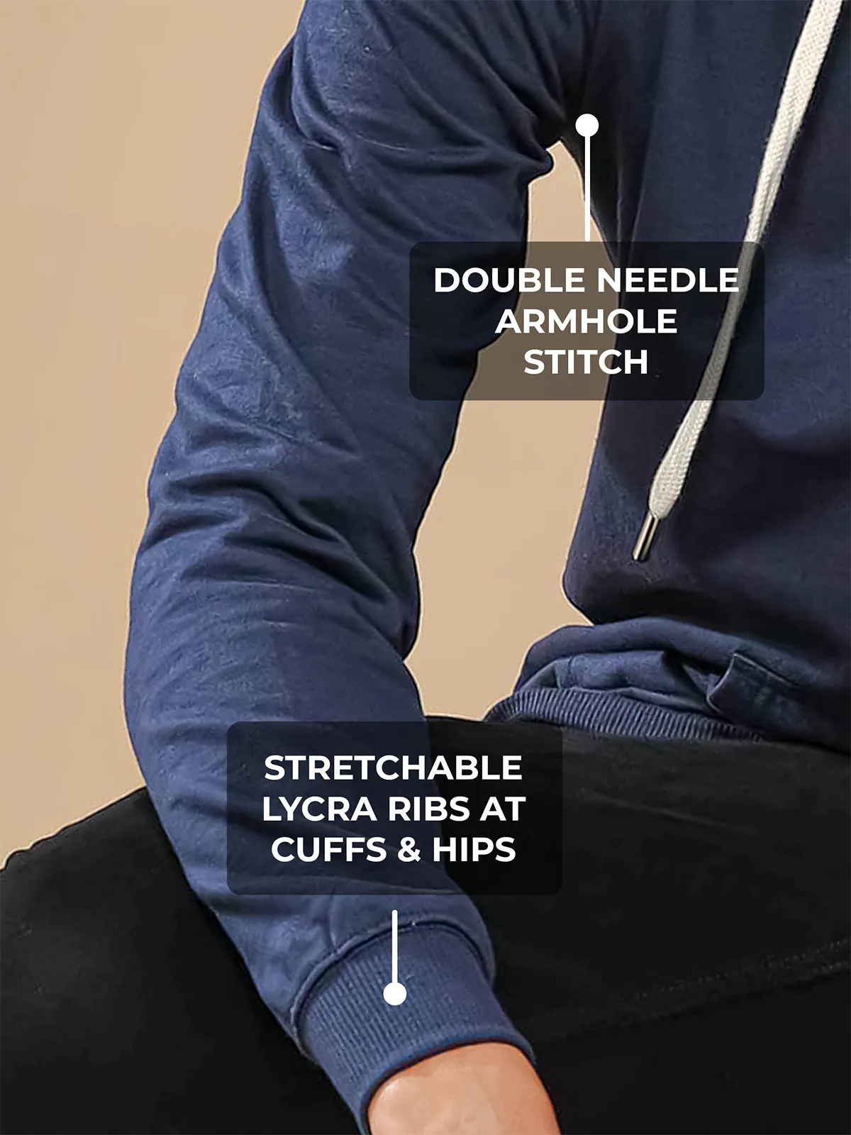 Men's Navy Blue Hoodie with Double Needle Armhole Stitch, and Stretchable Lycra Ribs for a premium look.