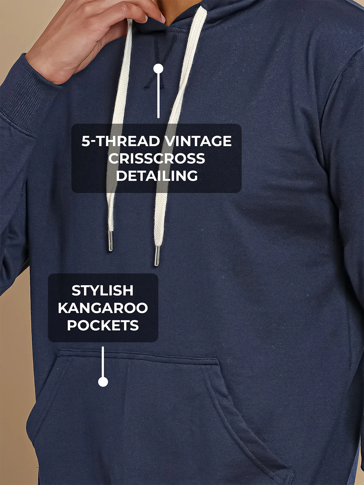 Men's Navy Blue Hoodie with 5-Thread Vintage CrissCross Detailing, and Stylish Kangaroo Pockets for a premium look.