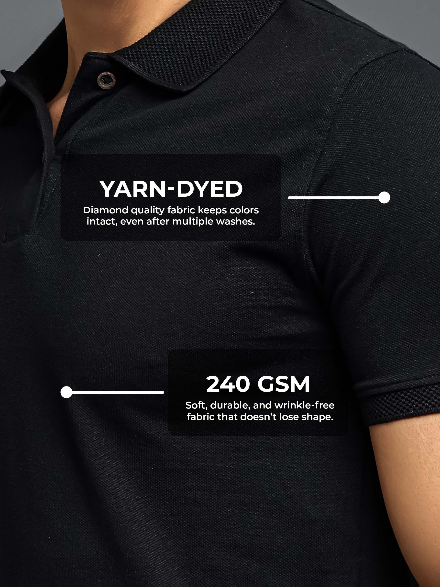 Women's Black Polo T-shirt made of 240 GSM strong, wrinkle-resistant fabric that doesn't lose color or shape.