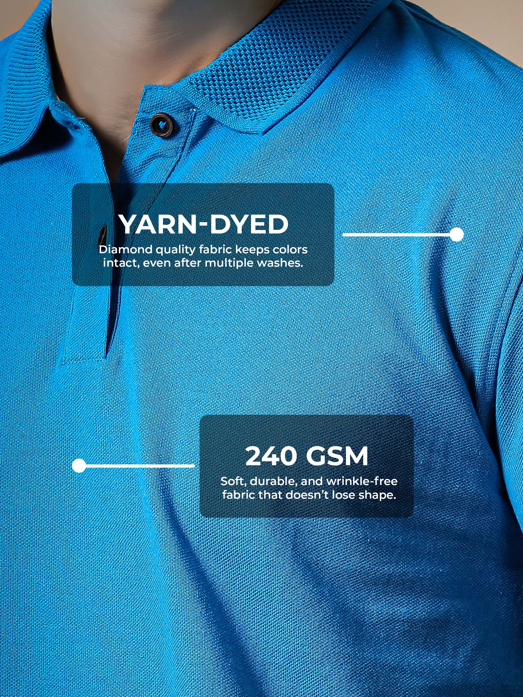 Men's Blue Polo T-shirt made of 240 GSM strong, wrinkle-resistant fabric that doesn't lose color or shape.