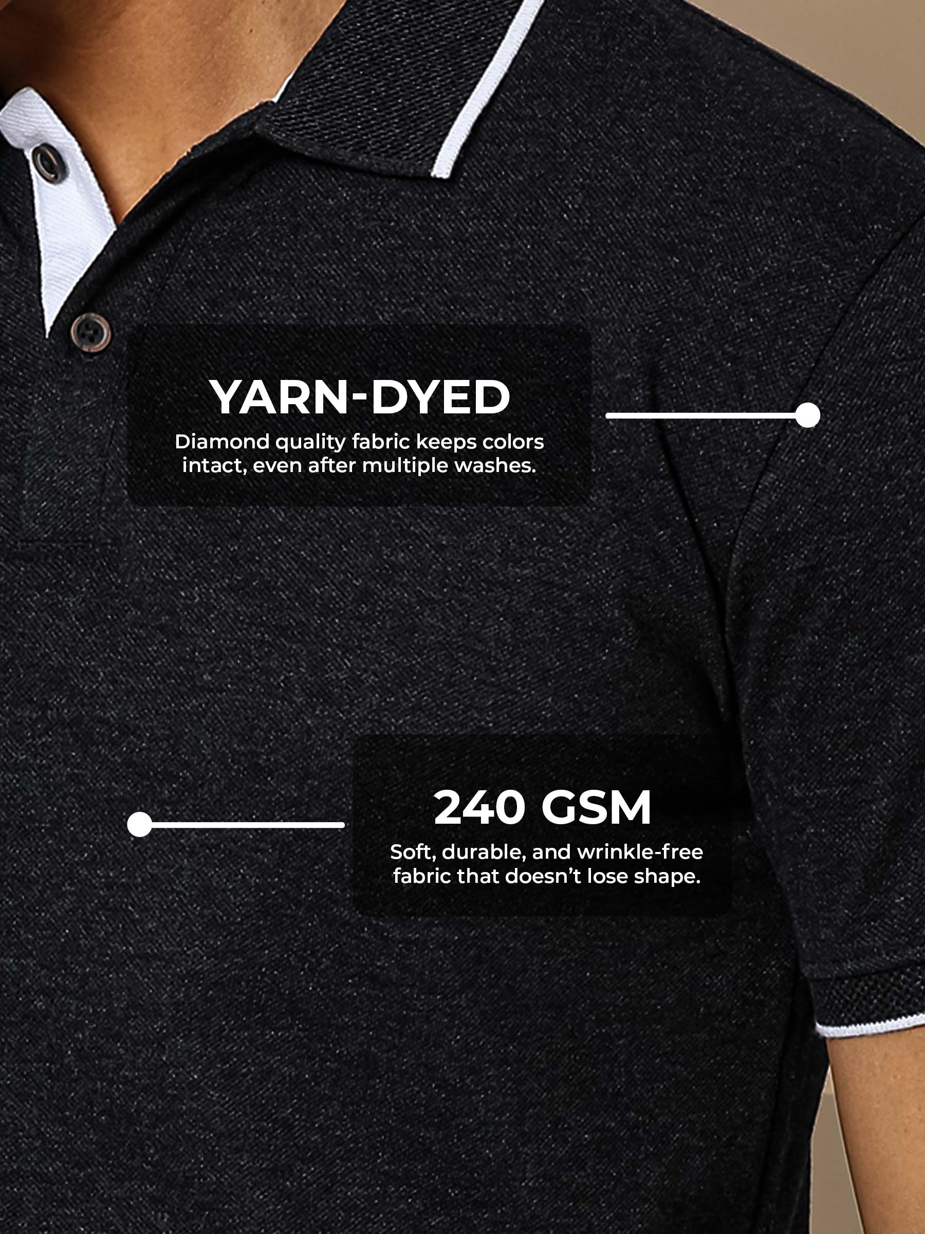 Men's Charcoal Grey Polo T-shirt made of 240 GSM strong, wrinkle-resistant fabric that doesn't lose color or shape.