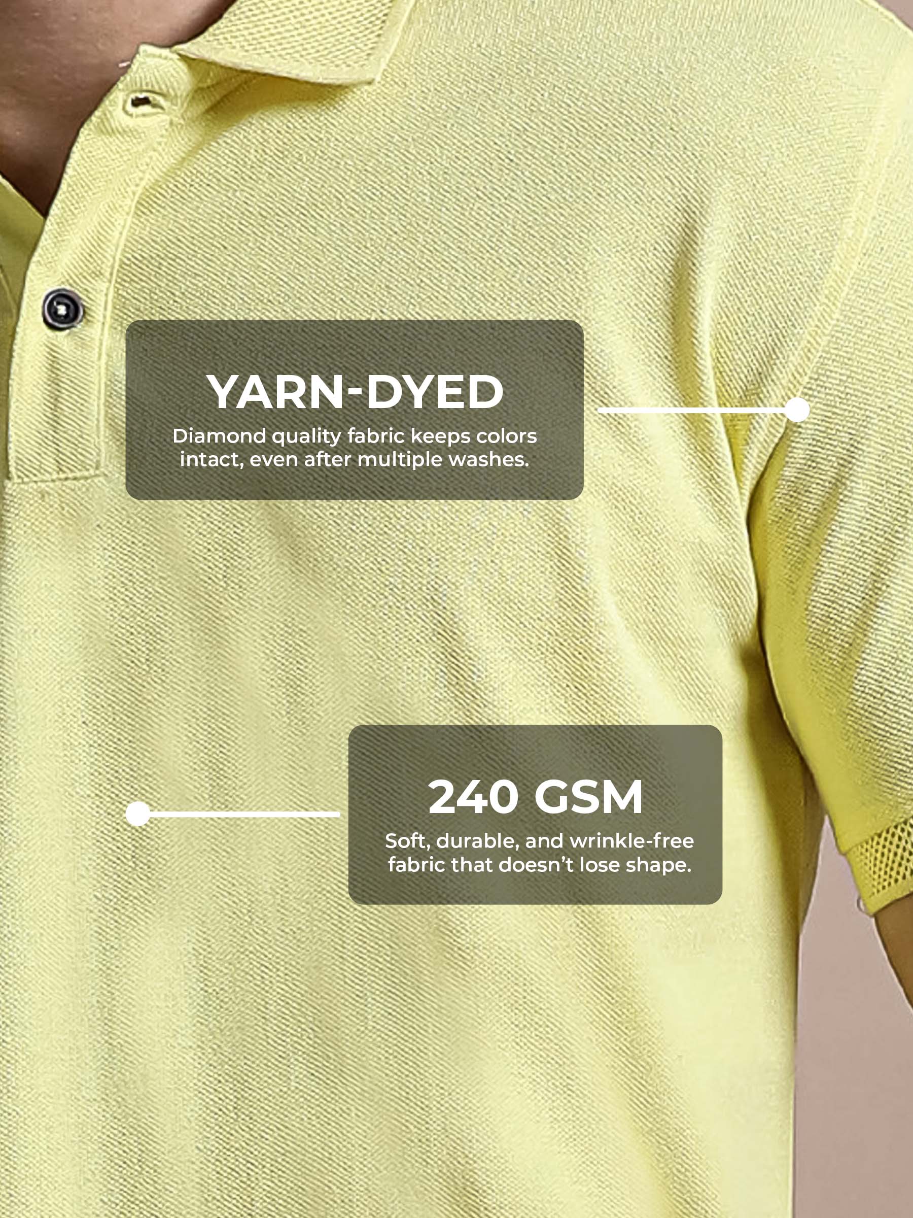 Men's Yellow Polo T-shirt made of 240 GSM strong, wrinkle-resistant fabric that doesn't lose color or shape.