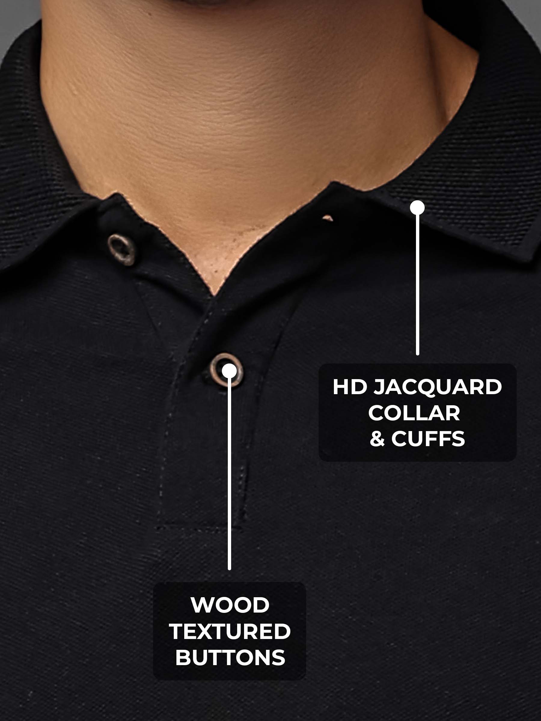 Women's Black Polo T-shirt with HD Jacquard Collar, Cuffs, and Wood-Textured Buttons, for a premium look.