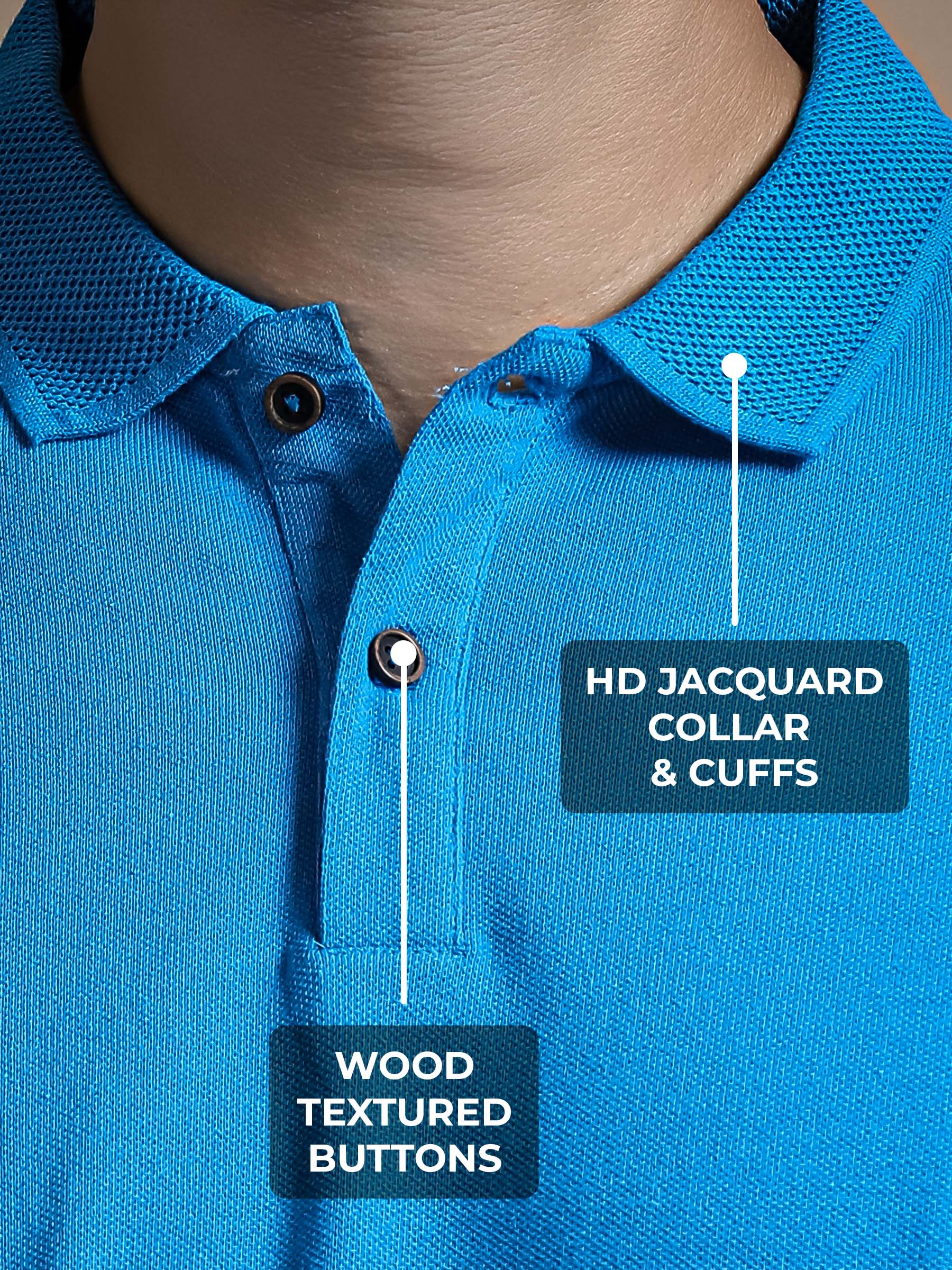 Men's Blue Polo T-shirt with HD Jacquard Collar, Cuffs, and Wood-Textured Buttons, for a premium look.