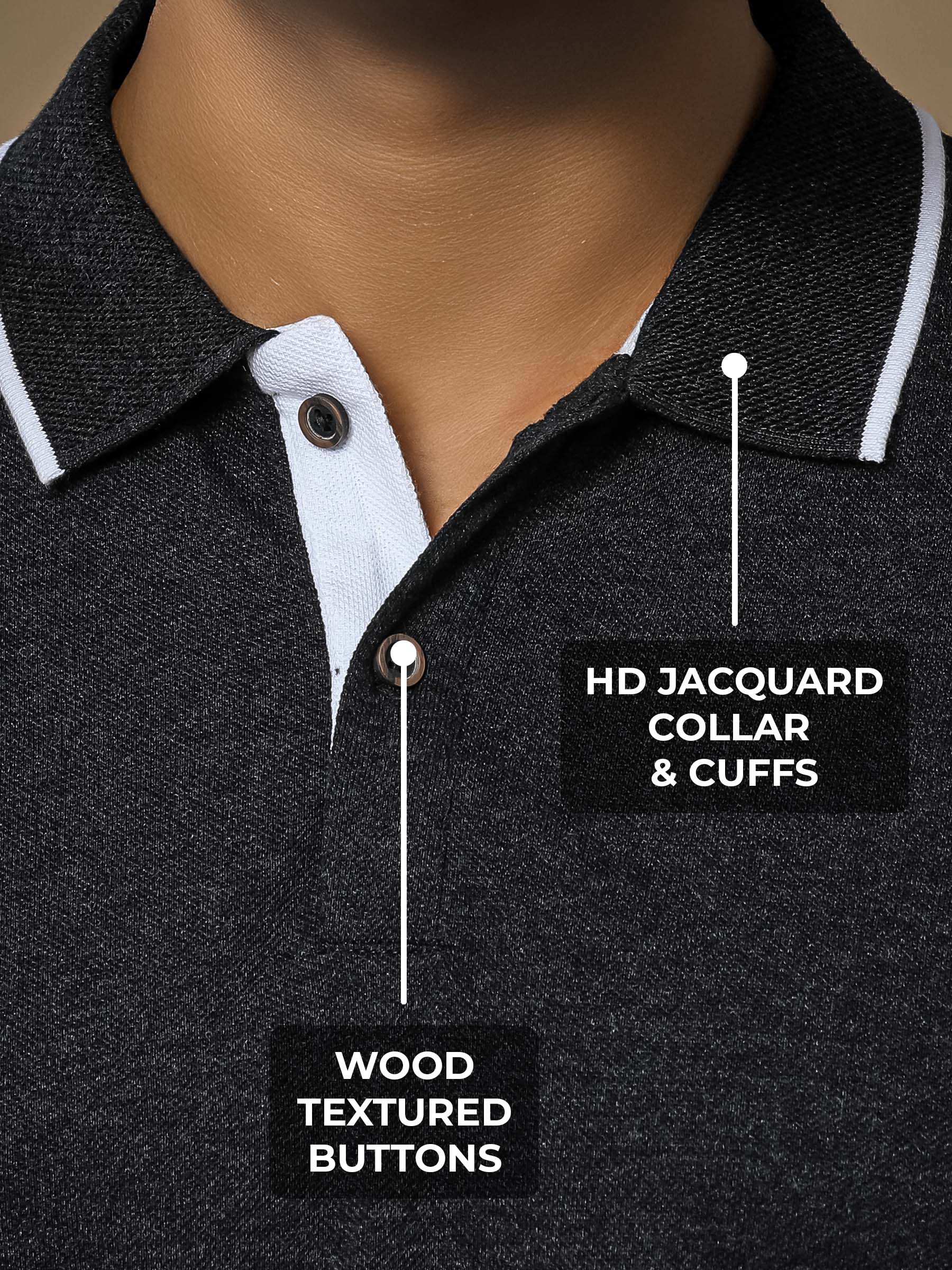 Men's Charcoal Grey Polo T-shirt with HD Jacquard Collar, Cuffs, and Wood-Textured Buttons, for a premium look.