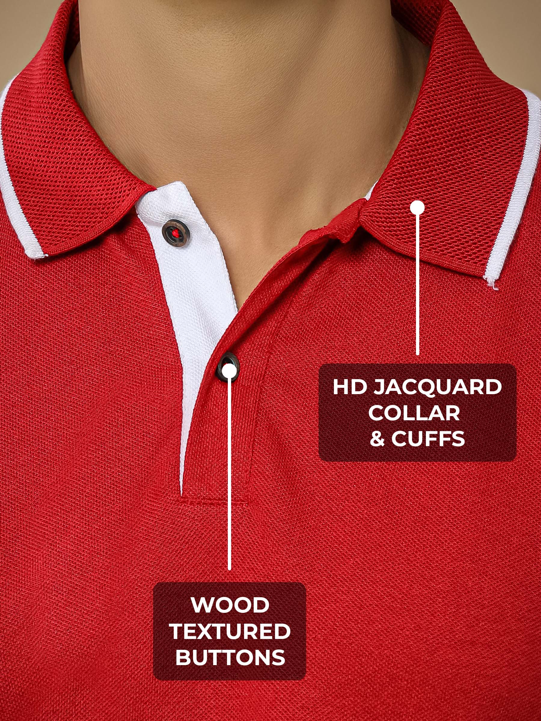 Women's Red Polo T-shirt with HD Jacquard Collar, Cuffs, and Wood-Textured Buttons, for a premium look.