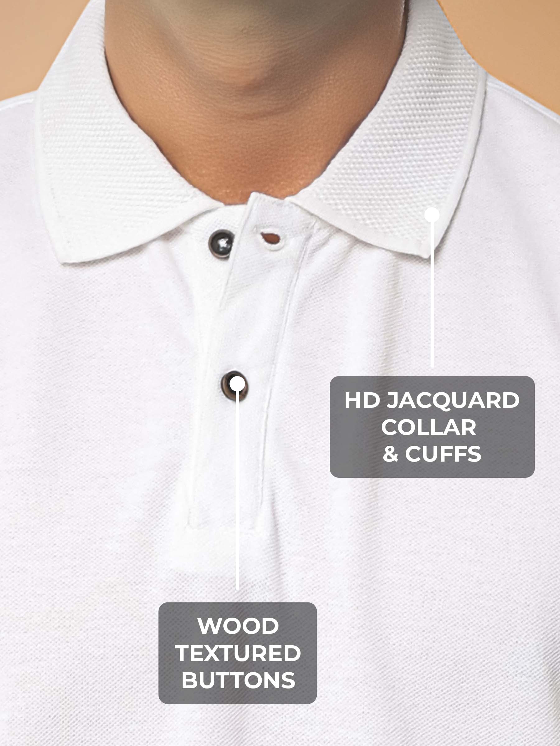 Women's White Polo T-shirt with HD Jacquard Collar, Cuffs, and Wood-Textured Buttons, for a premium look.