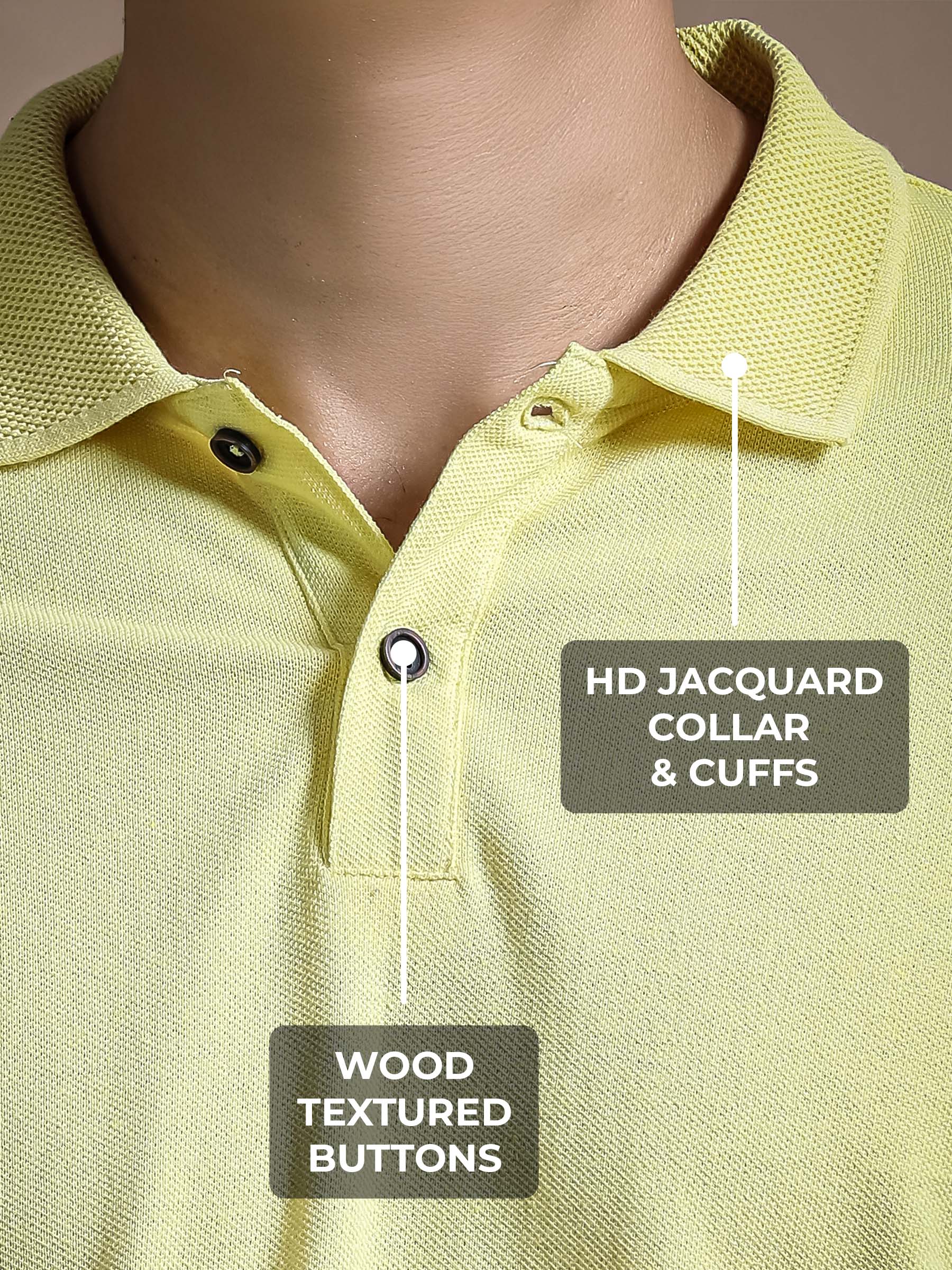 Men's Yellow Polo T-shirt with HD Jacquard Collar, Cuffs, and Wood-Textured Buttons, for a premium look.