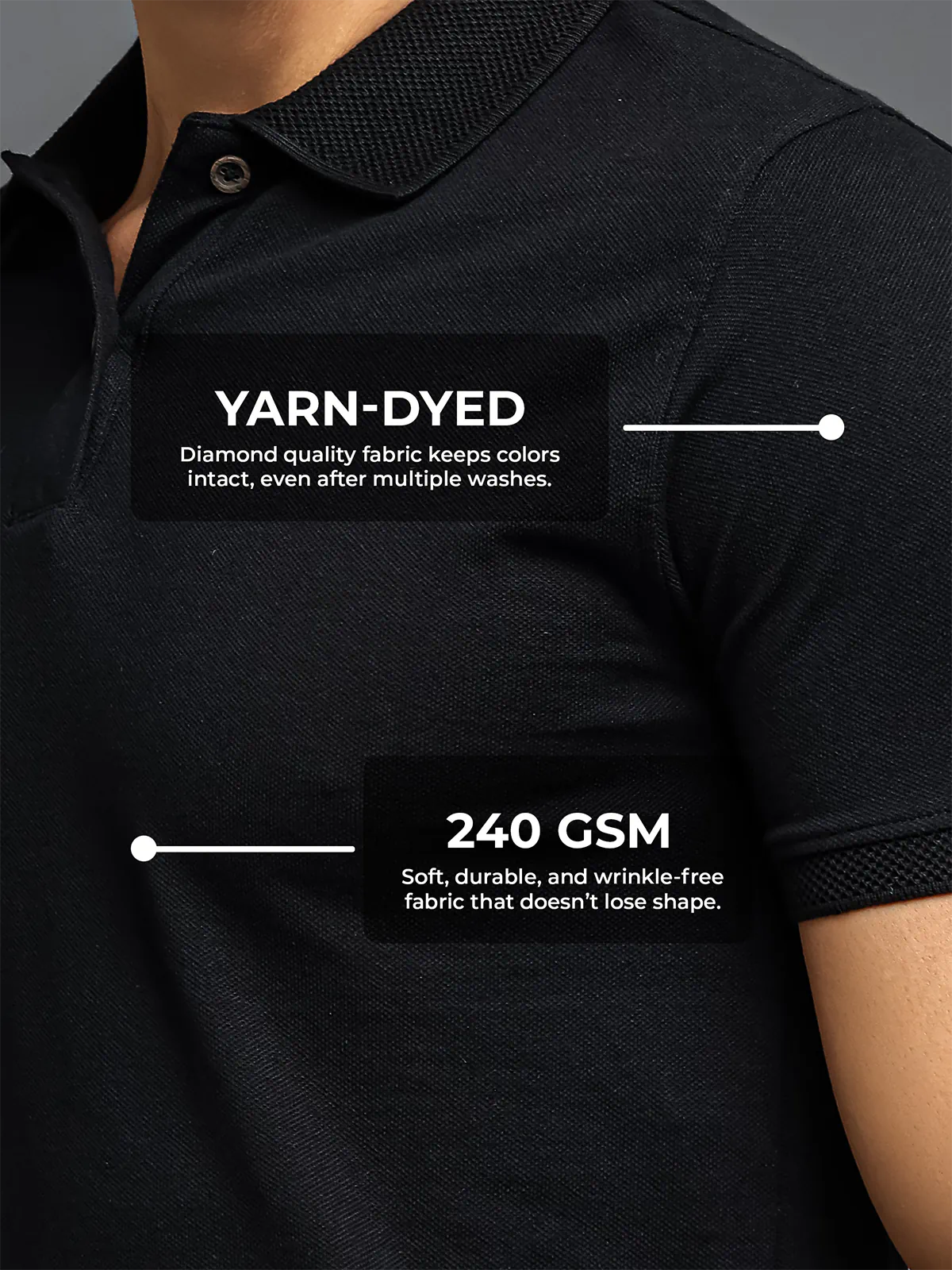 Men's Black Polo T-shirt made of 240 GSM strong, wrinkle-resistant fabric that doesn't lose color or shape.