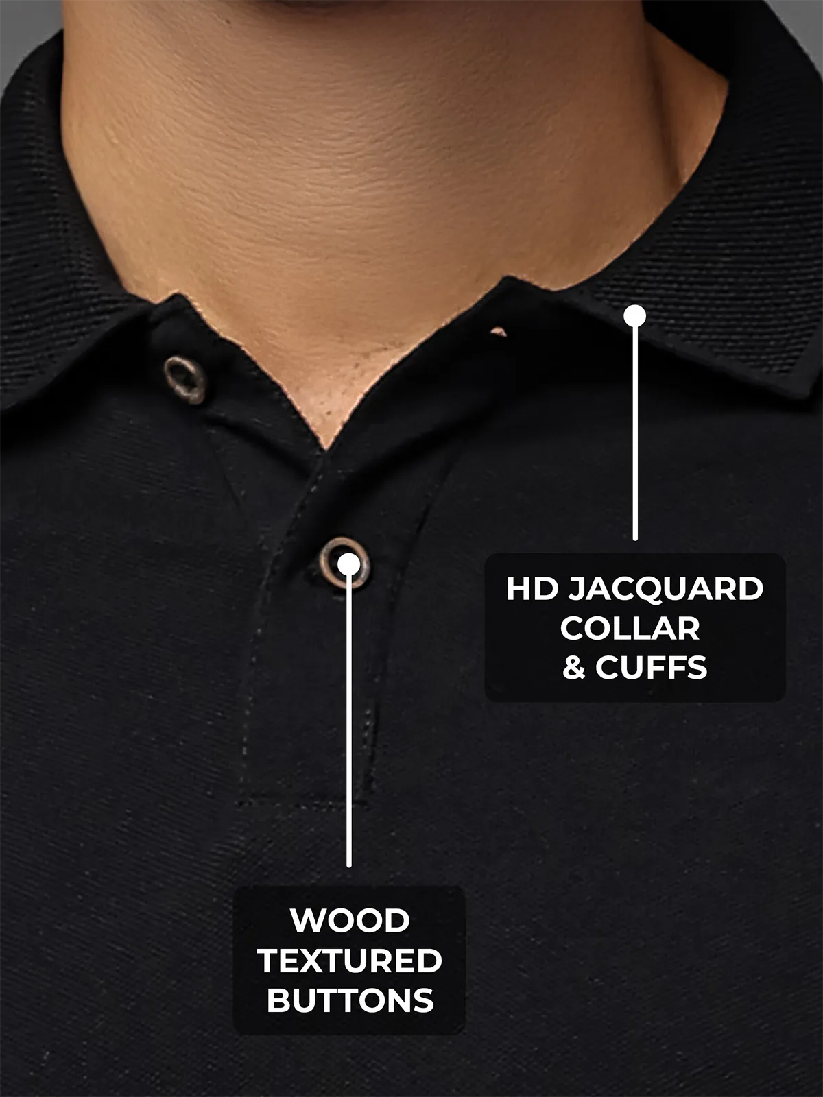 Men's Black Polo T-shirt with HD Jacquard Collar, Cuffs, and Wood-Textured Buttons, for a premium look.