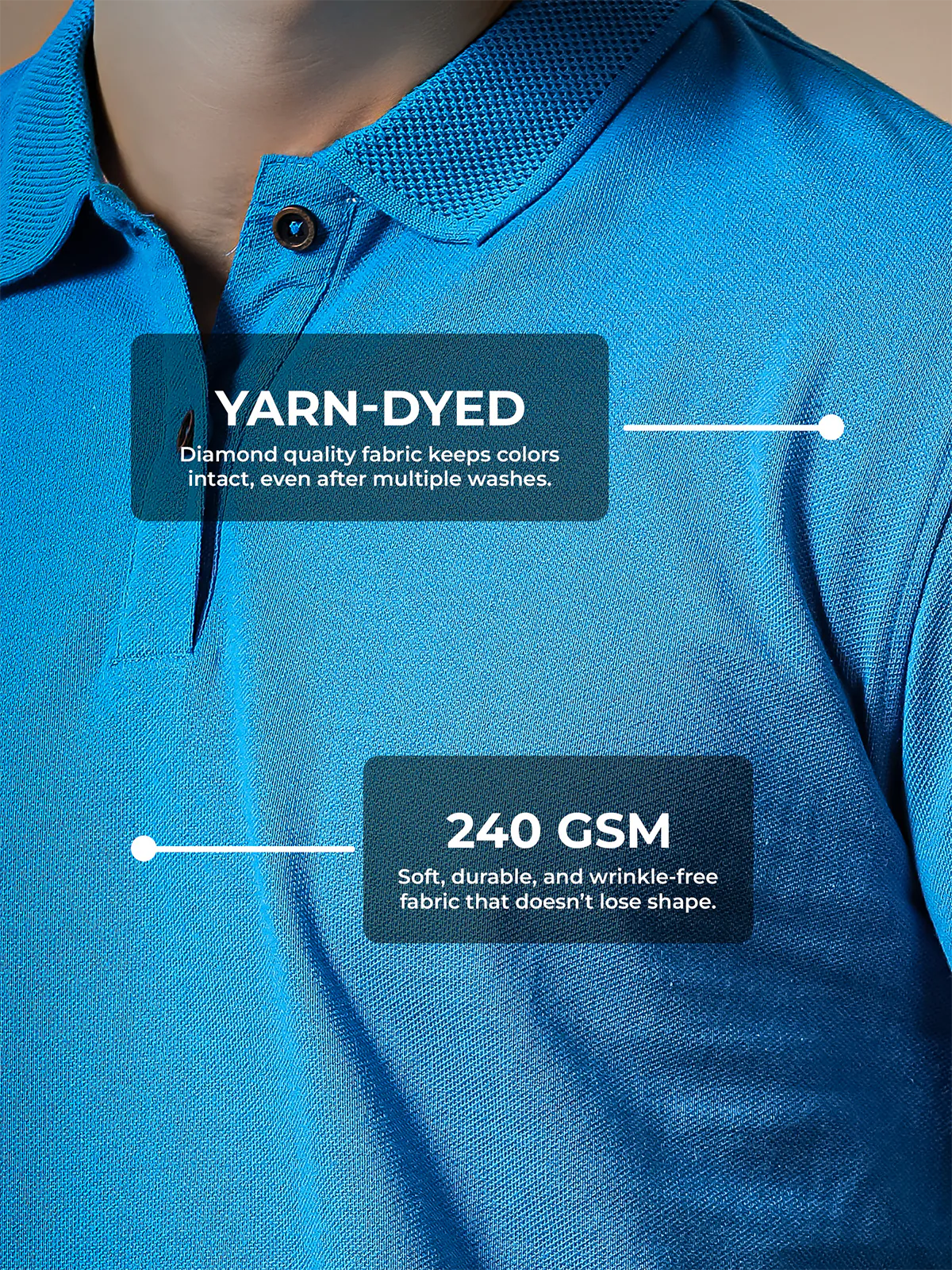 Men's Blue Polo T-shirt made of 240 GSM strong, wrinkle-resistant fabric that doesn't lose color or shape.
