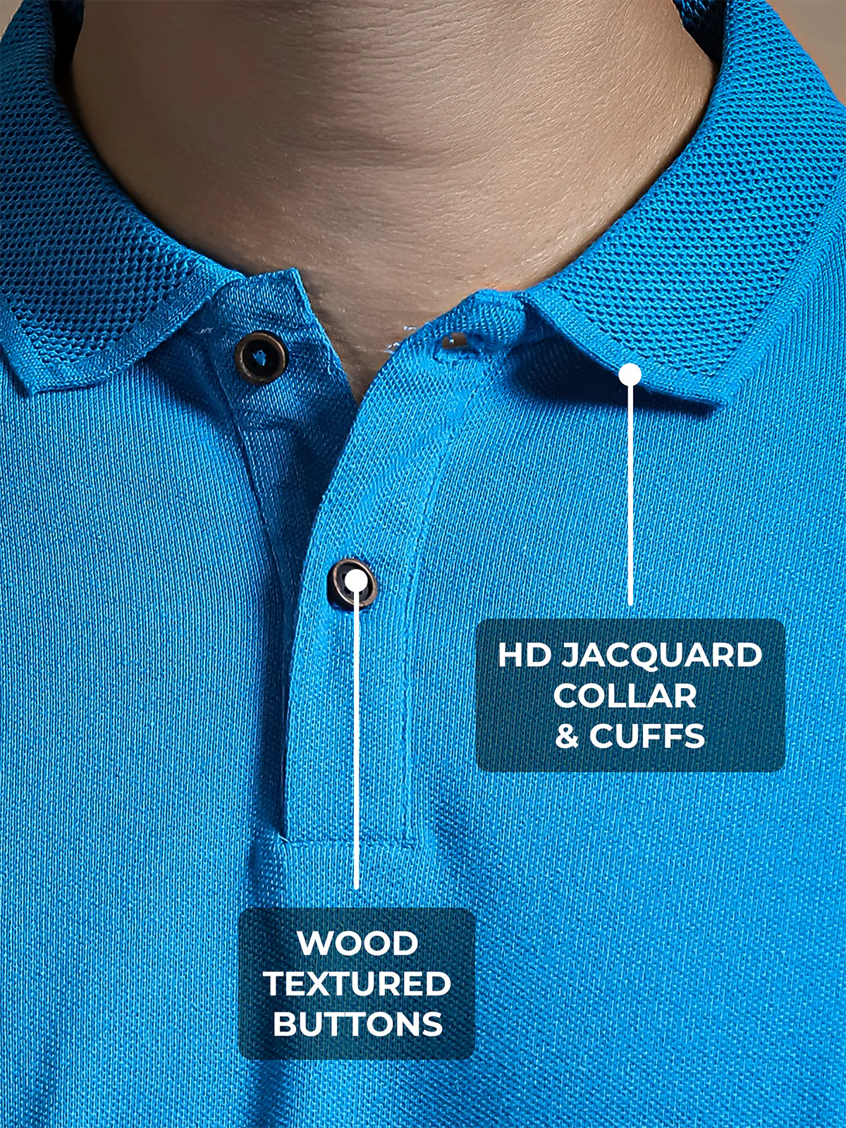 Women's Blue Polo T-shirt with HD Jacquard Collar, Cuffs, and Wood-Textured Buttons, for a premium look.
