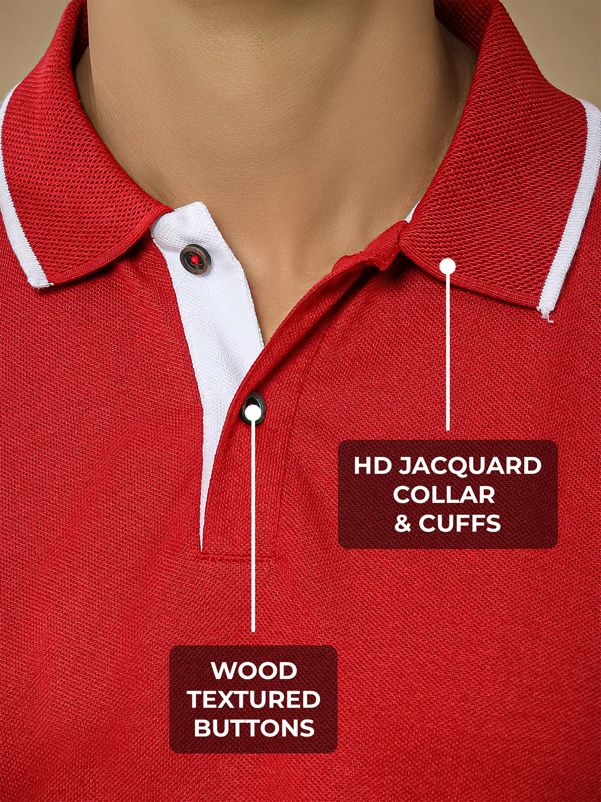 Men's Red Polo T-shirt with HD Jacquard Collar, Cuffs, and Wood-Textured Buttons, for a premium look.