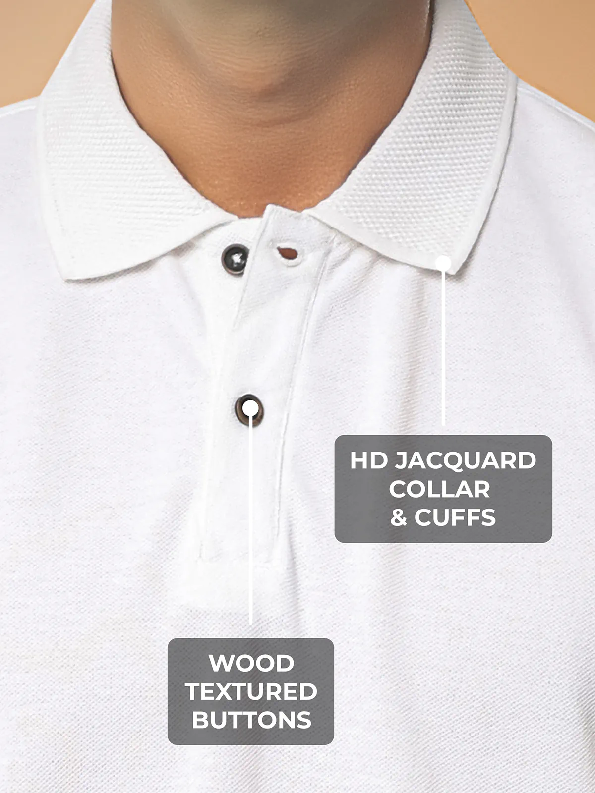 Men's White Polo T-shirt with HD Jacquard Collar, Cuffs, and Wood-Textured Buttons, for a premium look.