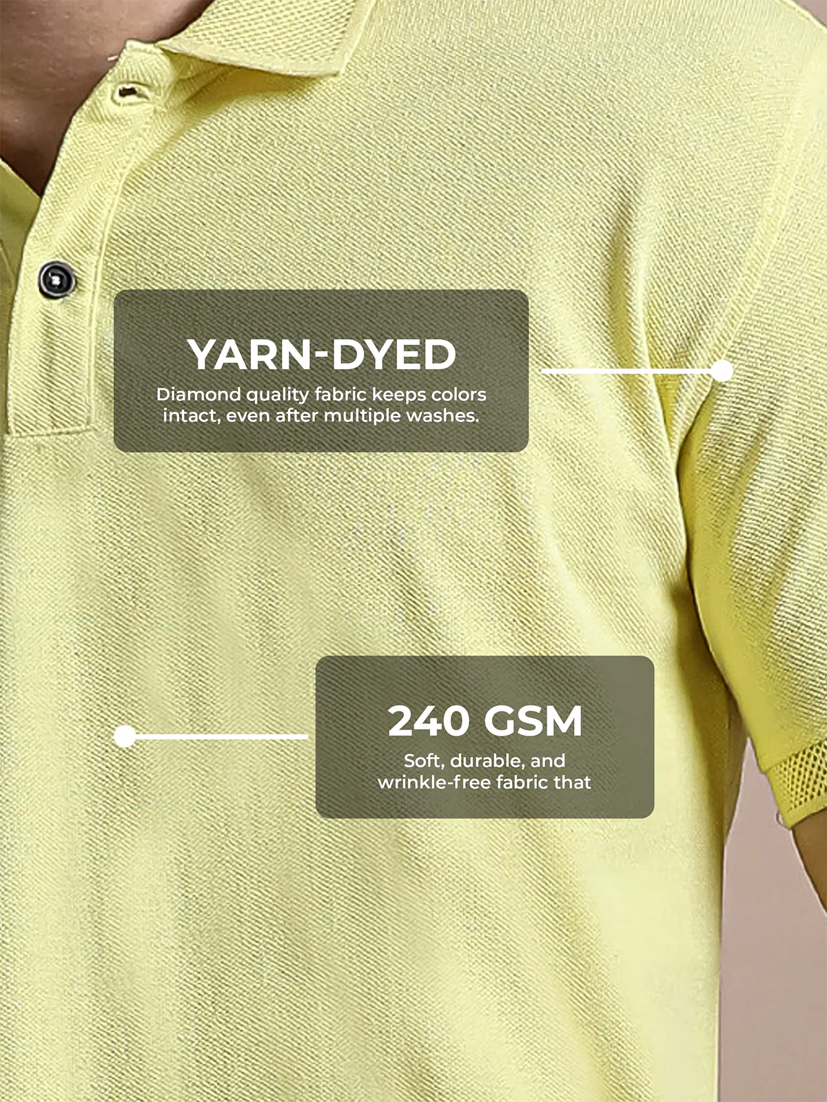 Men's Yellow Polo T-shirt made of 240 GSM strong, wrinkle-resistant fabric that doesn't lose color or shape.