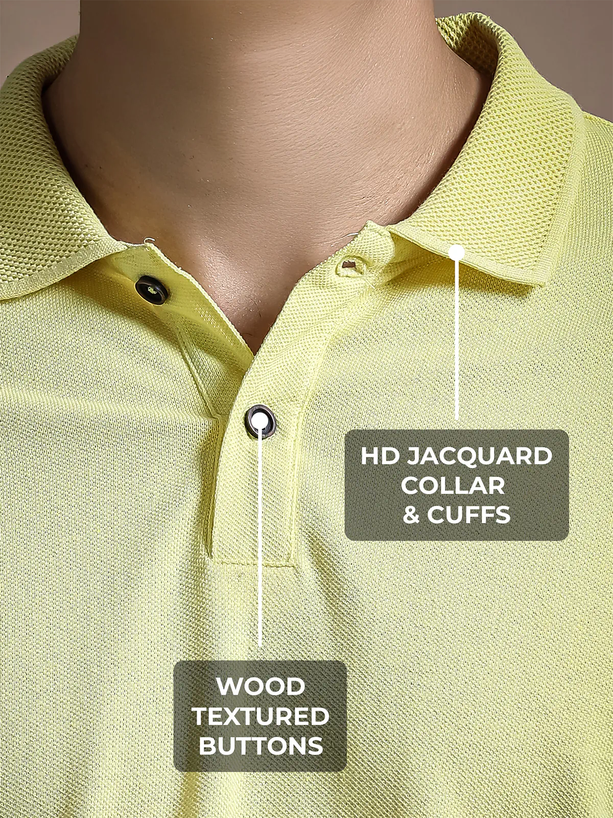 Men's Yellow Polo T-shirt with HD Jacquard Collar, Cuffs, and Wood-Textured Buttons, for a premium look.